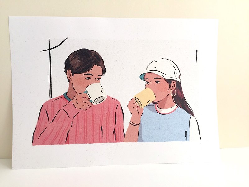 コーヒーを飲むカップル | A4小さなポスター | - ポスター・絵 - 紙 ピンク