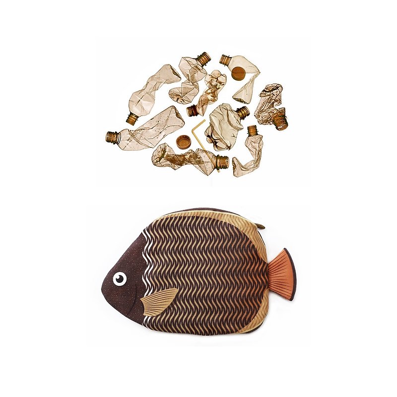 Collared Butterflyfish pouch (PET bottles waste recycled fabric) - Handbags & Totes - Eco-Friendly Materials Brown