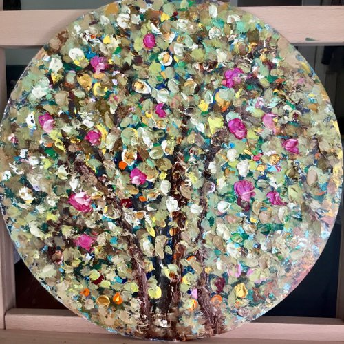 Ka-gan.art Fantasy of an apple tree original oil painting on round canvas board