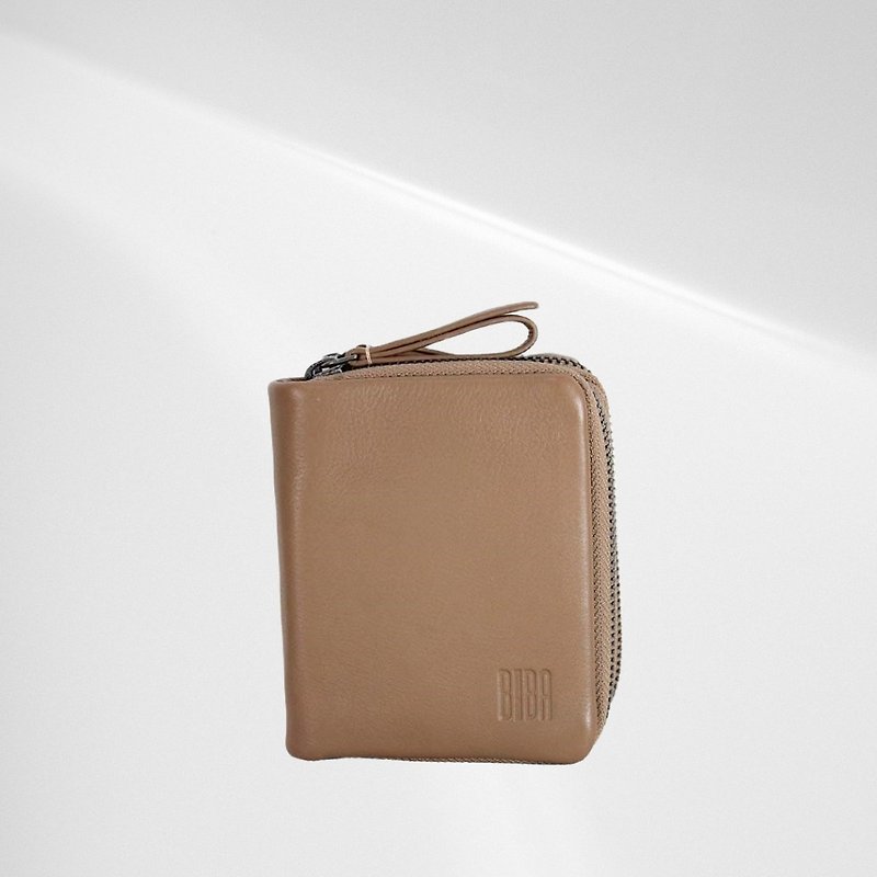[Spain BIBA] SoftMousse6L double zipper short wallet milk tea color - Wallets - Genuine Leather Khaki