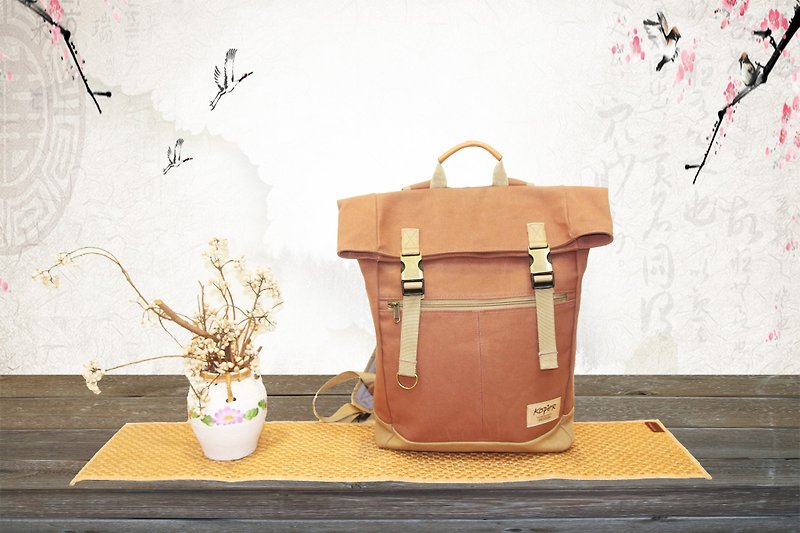 [Unflat Sail] Retro Double Buckle Backpack/Canvas-Mocha Brown(Made in Taiwan) - กระเป๋าเป้สะพายหลัง - วัสดุอื่นๆ สีนำ้ตาล