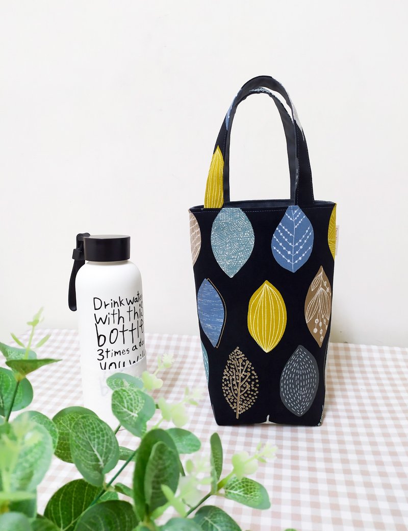 Jiajiajiu series water bottle bag/drink bag/portable canvas bag/painted leaf style - ถุงใส่กระติกนำ้ - ผ้าฝ้าย/ผ้าลินิน สีดำ