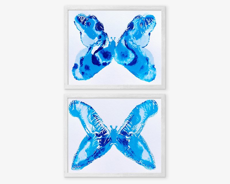 Gallery wall Set of 2 Blue monotype prints Abstract butterflies Original artwork - โปสเตอร์ - กระดาษ สีน้ำเงิน
