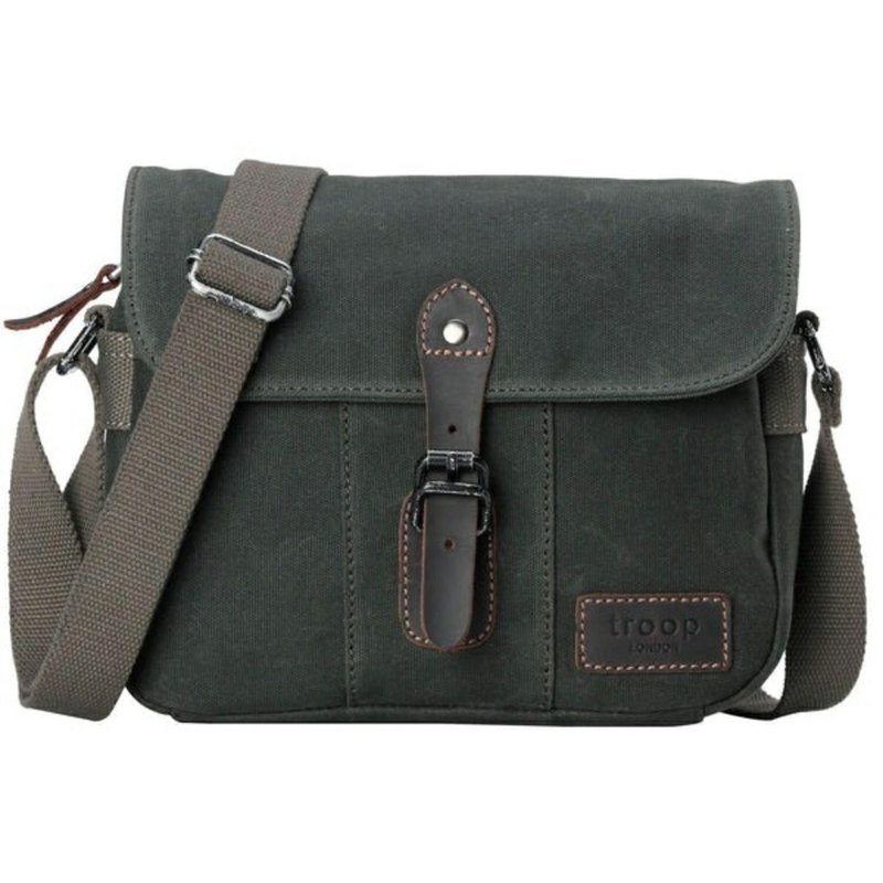 TRP0440Troop London HERITAGE canvas leather crossbody bag-small (dark green) - กระเป๋าแมสเซนเจอร์ - วัสดุกันนำ้ 