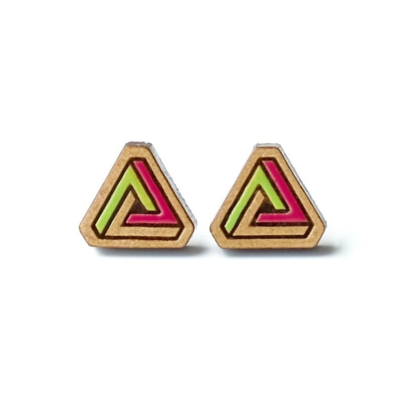 『TienTien』Painted  wood earrings-triangle (fuchsia) - ต่างหู - ไม้ สึชมพู