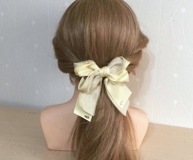 Cream Yellow/ Double Fringe Side Drop Ponytail Automatic Clip Hair Tie Hair  Fork Spring Clip Hair Clip - Shop Hanabi Hair Accessories Hair Accessories  - Pinkoi