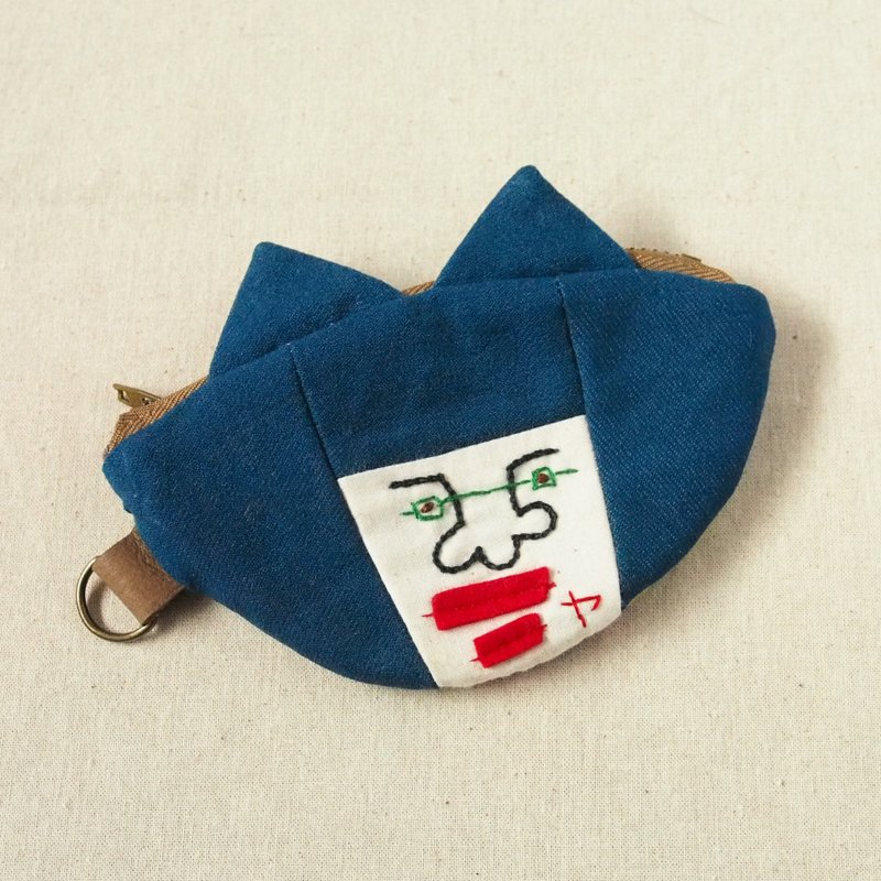 Cat ear coin purse with embroidered face, blue - Coin Purses - Cotton & Hemp Blue