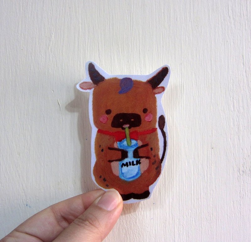 Hand-painted illustration style completely waterproof sticker yellow cow drinking milk cow - สติกเกอร์ - วัสดุกันนำ้ สีนำ้ตาล