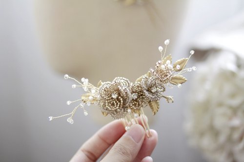 SAYSOcessories Handmade 手工淺金珠花頭飾,新娘水晶頭飾,復古金頭飾,bridal headpiece