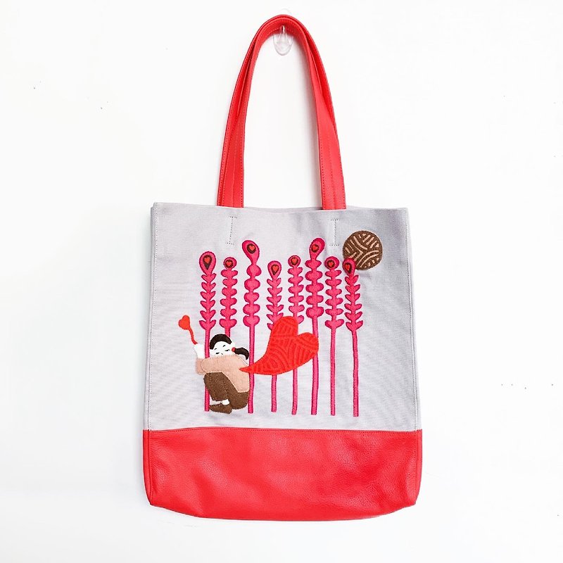 Heart/Artist kikinomo joint-leather canvas bag/shoulder bag/handbag - กระเป๋าถือ - วัสดุอื่นๆ สีแดง