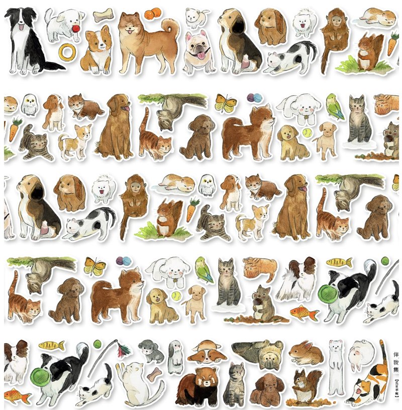 伴我集 寵物好朋友 小貓狗 塩顔たちの PET 和紙膠帶 (kiss-cut) - 紙膠帶/和紙/PET - 其他材質 多色