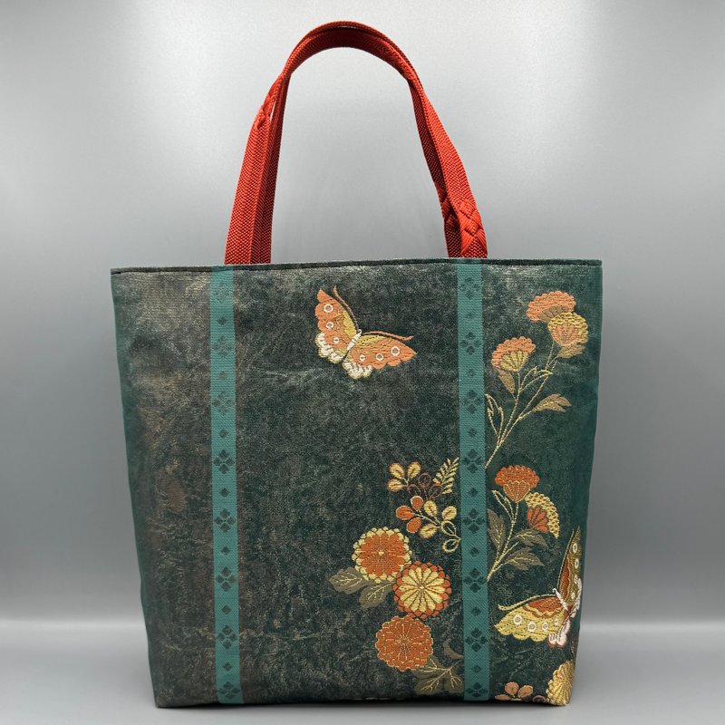 着物 帯 帯締め ハンドメイド トートバッグ リメイク 青 金 - 手提包/手提袋 - 絲．絹 藍色