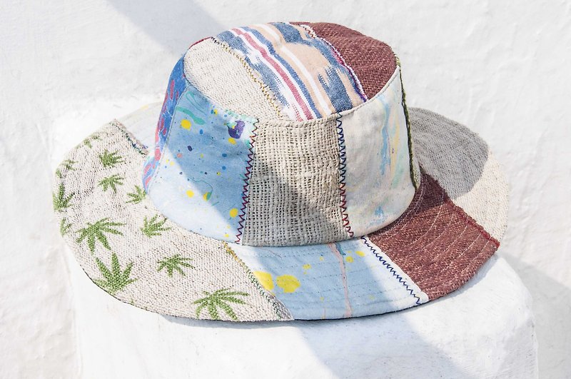 民族風拼接手織棉麻帽 編織帽 漁夫帽 遮陽帽 草帽-綠葉森林 - 帽子 - 棉．麻 多色