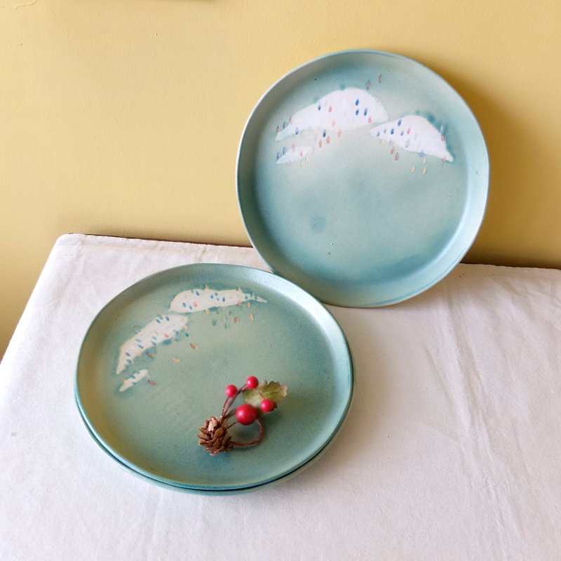 Rain clouds dripping gentle touch disc / plate / snack plate (lake green) - Small Plates & Saucers - Pottery Green