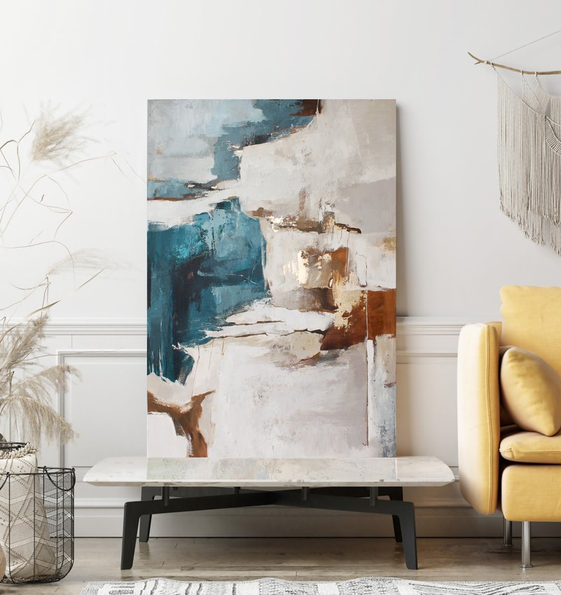 Blue and gold wall art | Blue abstract wall art | Blue and gold painting| Flow 3 - 壁貼/牆壁裝飾 - 棉．麻 藍色