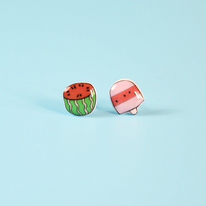 Watermelon and ice cream summer cool hand-painted earrings sterling silver ear ear plug can change ear clips fun gift - ต่างหู - พลาสติก สีแดง