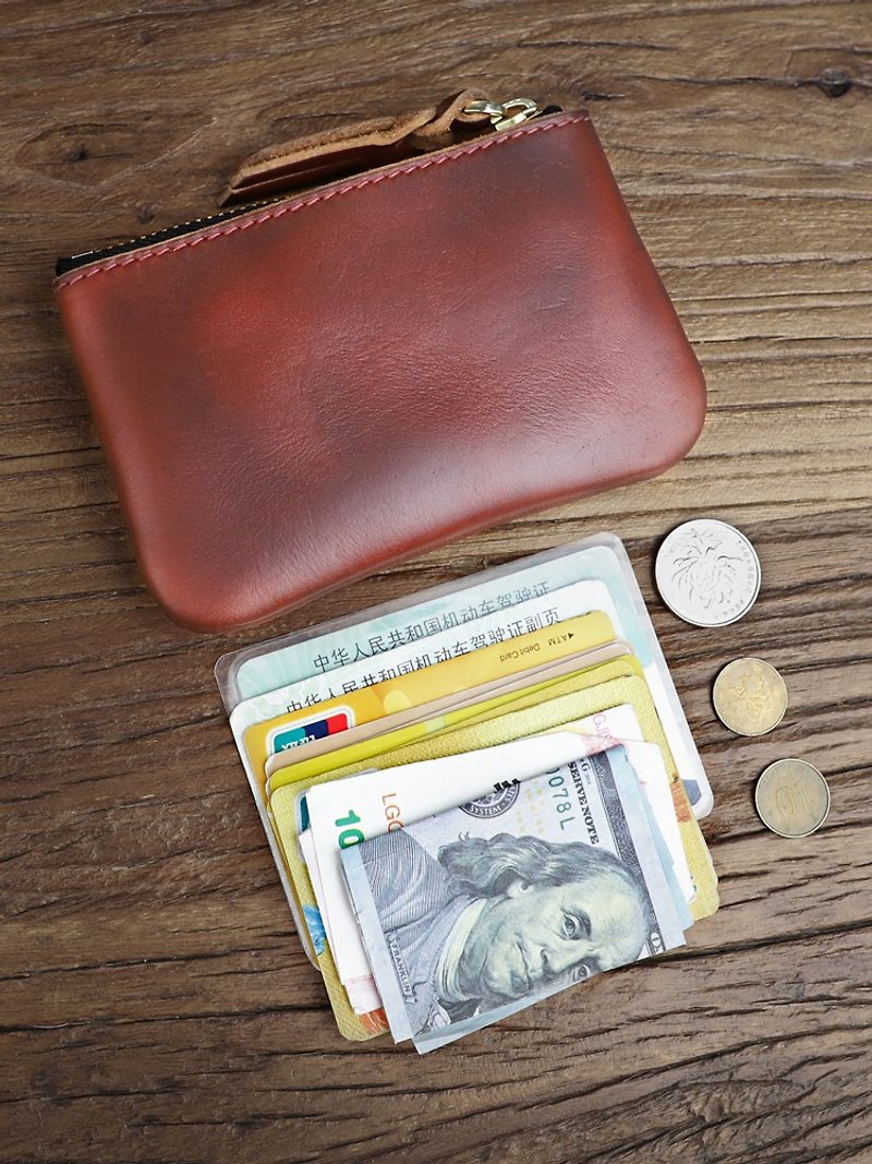 HORWEEN US Chromexcel Leather Coin Purse Card Holder Bag Zipper Card Wallet - กระเป๋าสตางค์ - หนังแท้ สีแดง