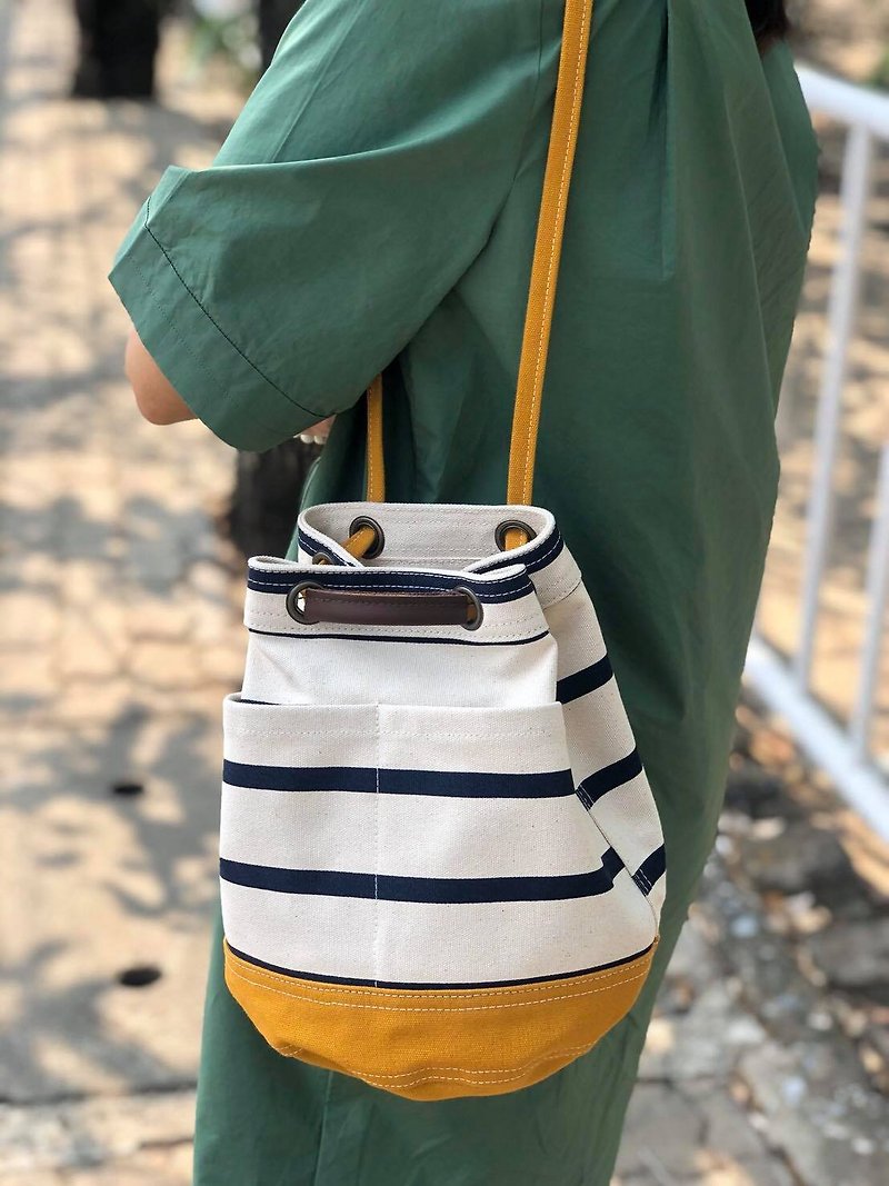 Mini Mustard Stripe Canvas Bucket Bag with strap /Leather Handles /Daily use - กระเป๋าถือ - ผ้าฝ้าย/ผ้าลินิน สีเหลือง