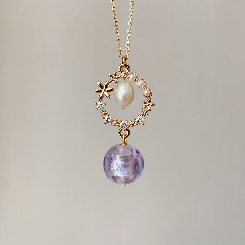 Garland natural pearl lavender-like purple essential oil glass bead necklace ALYSSA & JAMES - สร้อยคอ - กระจกลาย สีม่วง