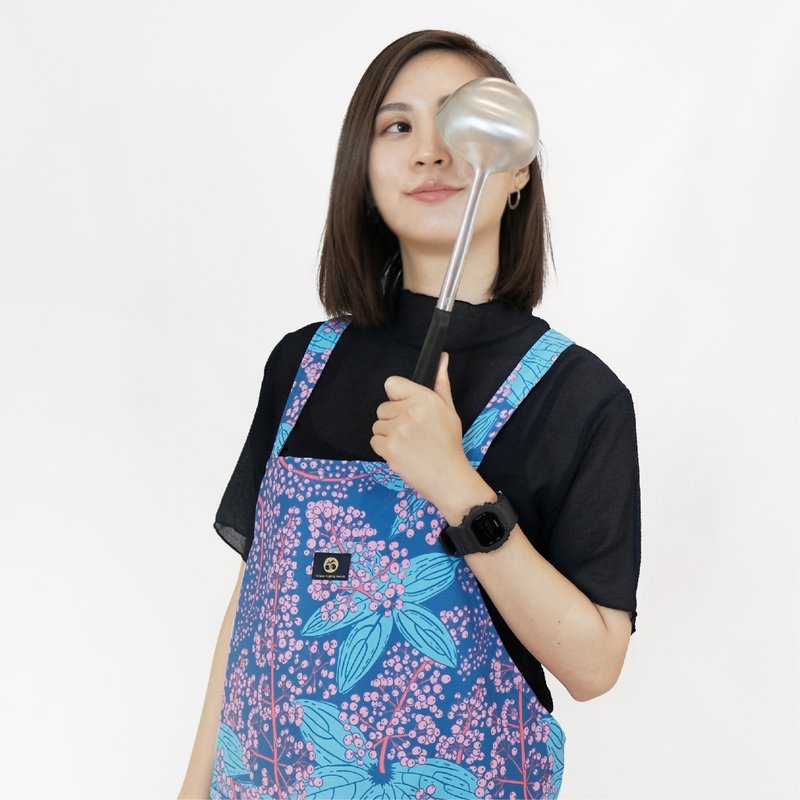 夏日顯瘦  背心洋裝圍裙 寶蓮花印花圍裙 花藝工作裙 - 圍裙 - 聚酯纖維 藍色