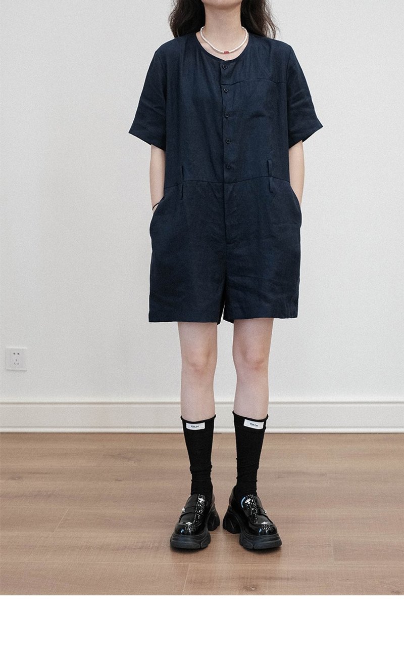 復古休閒寬松亞麻連體褲短褲女短袖連衣褲 - 吊帶褲/連身褲 - 棉．麻 