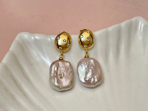 Athena珍珠設計 方塊 天然淡水珍珠 巴洛克珍珠 炫彩 耳環