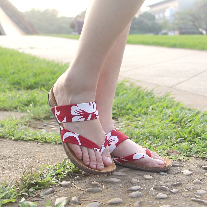 【京都の風景  火鶴紅】日式舒活/彈力萊卡布料   真皮軟木氣墊鞋 - 涼鞋 - 真皮 紅色