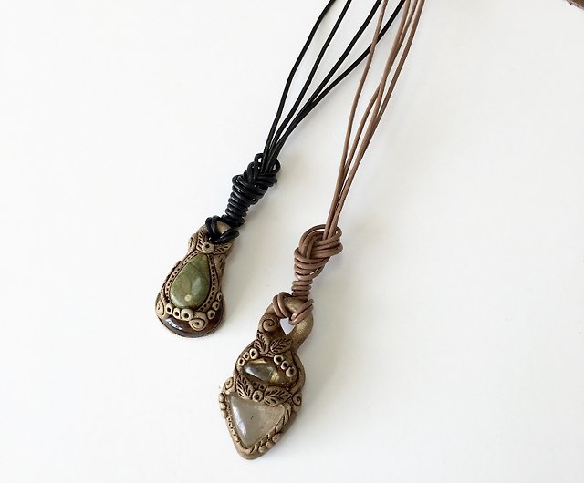 Gemstones and polymer clay leather necklace - Shop pickles1029