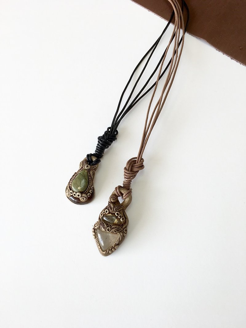Gemstones and polymer clay leather necklace - สร้อยคอ - หิน หลากหลายสี