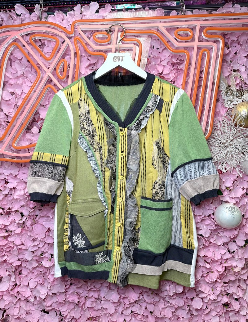 OTT只此一件•日系綠黃色刺繡洗水牛仔蕾絲針織外套cardigan - 女毛衣/針織衫 - 棉．麻 綠色