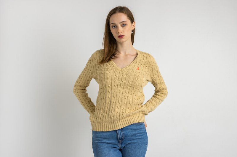 Ralph Lauren Sweater Beige Polo Sweater Knitted Cotton Knit Pullover Jumper 6212 - 女毛衣/針織衫 - 棉．麻 咖啡色