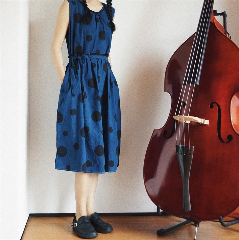 Blue and black polka dot indigo summer belt dress polka dot eco-friendly plant indigo dyed dress - One Piece Dresses - Cotton & Hemp Blue