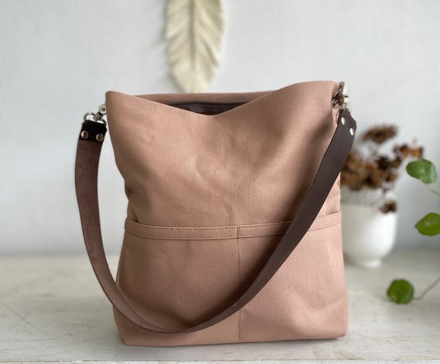 Hobo Tote Bag, Canvas Zipper tote, Shoulder bag with leather