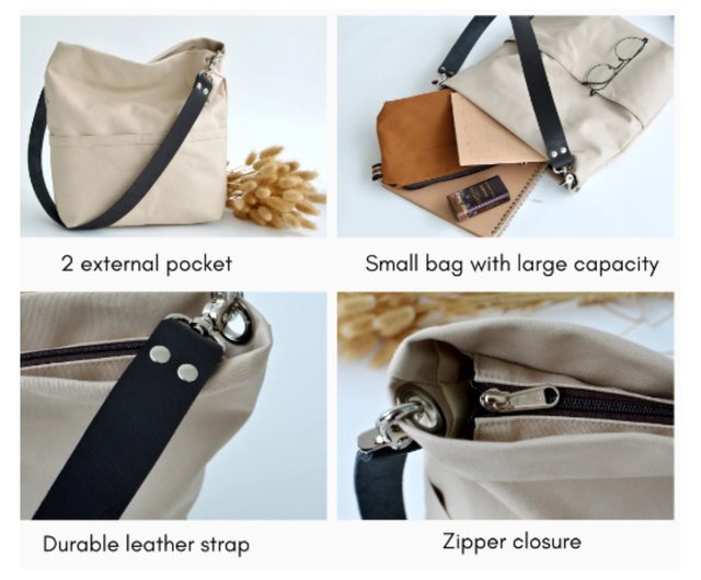 Hobo Tote Bag, Canvas Zipper tote, Shoulder bag with leather