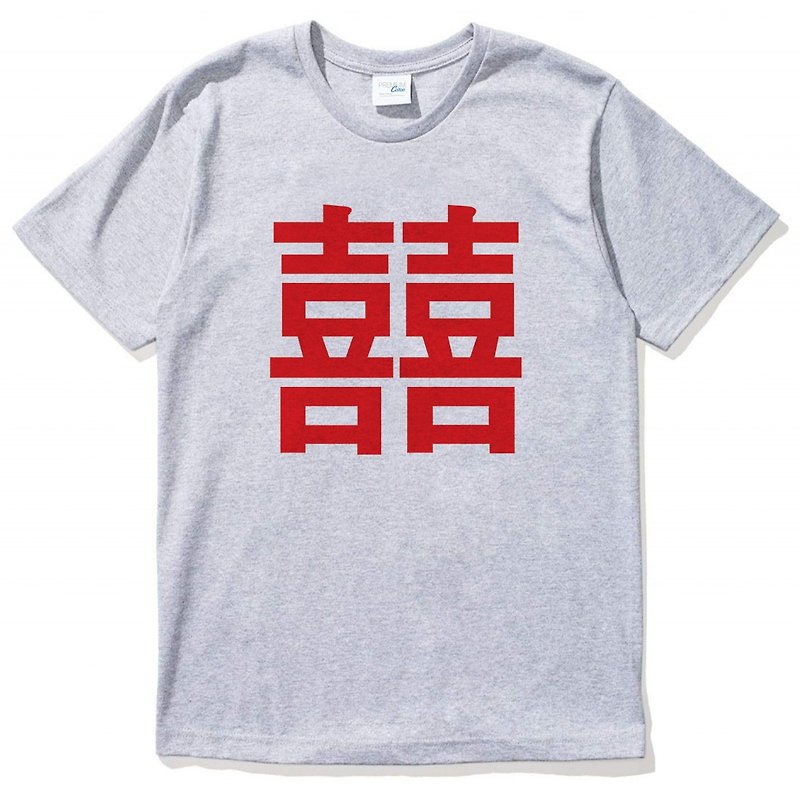 Chinese Joy #2-red short-sleeved T-shirt gray Chinese 囍喜 wedding wedding gift wedding dress text green simple and fresh - Men's T-Shirts & Tops - Cotton & Hemp Gray