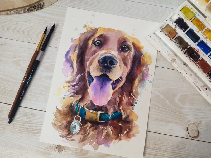 Dog Portrait Watercolor Painting Pet Portrait Painting Colorful Animal Art - 壁貼/牆壁裝飾 - 其他材質 咖啡色