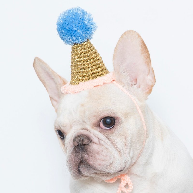 Bling simple birthday hat – clear sky blue + salmon pink - ชุดสัตว์เลี้ยง - เส้นใยสังเคราะห์ สีทอง