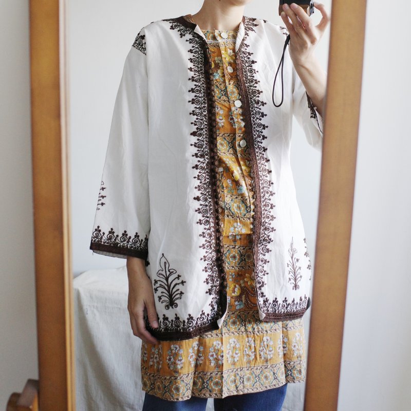 Vintage Moroccan embroidered blouse jacket - เสื้อโค้ทผู้ชาย - ผ้าฝ้าย/ผ้าลินิน 