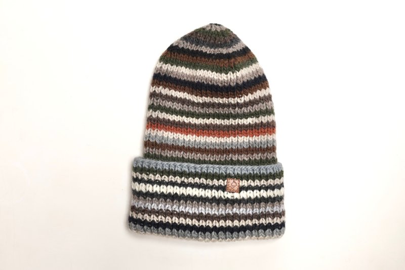 /戶外/咖綠色直條紋翻邊堆堆帽細軟美麗諾羊毛帽/純羊毛線大頭圍 - 帽子 - 羊毛 咖啡色