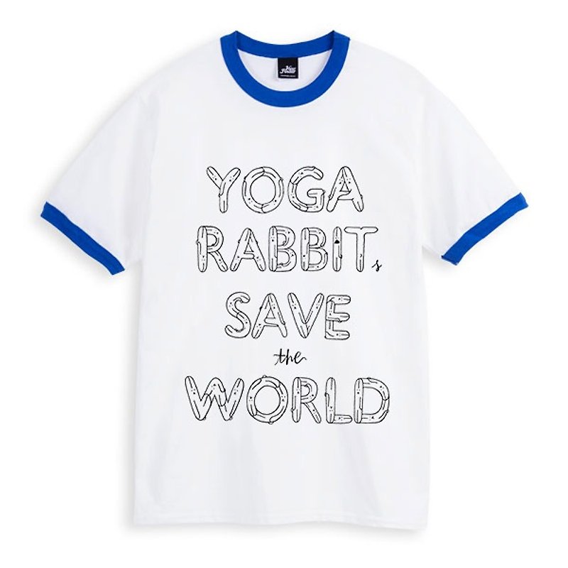 YOGA RABBITS SAVE the WORLD - 滾邊白藍 - 中性版T恤 - 男 T 恤 - 棉．麻 