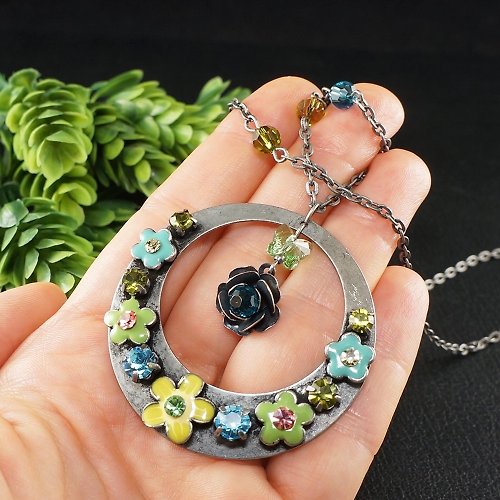 AGATIX Yellow Blue Green Swarovski Crystal Enamel Flower Round Pendant Necklace Jewelry