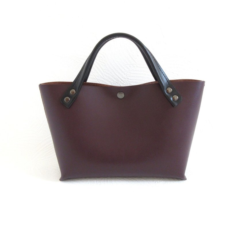 手縫い　ショート丈・牛革・底マチワイド・一枚革のミニトート・ダークワイン・0645 - 手提包/手提袋 - 真皮 紅色