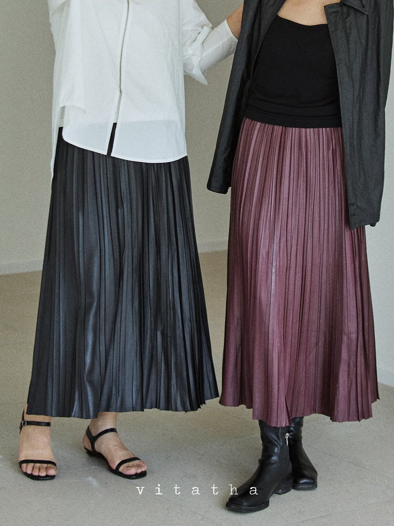 3顔色 琴 垂感松緊腰柔光百褶裙 肉肉友好秋冬好搭配長裙子 - 裙子/長裙 - 其他人造纖維 黑色