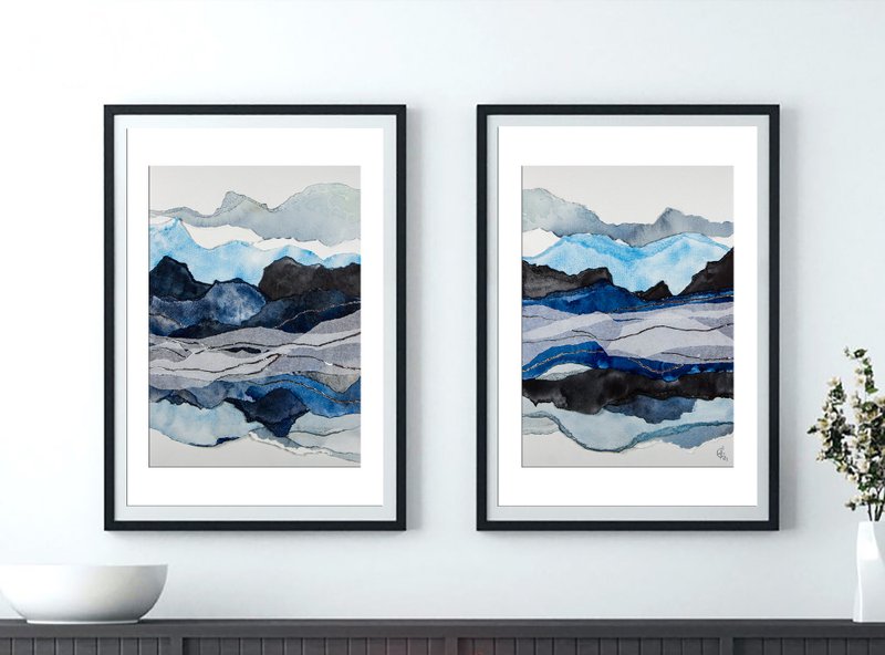 White Mountains Painting Winter Original Art Mixed-Media Artwork Collage - 海報/掛畫/掛布 - 紙 藍色