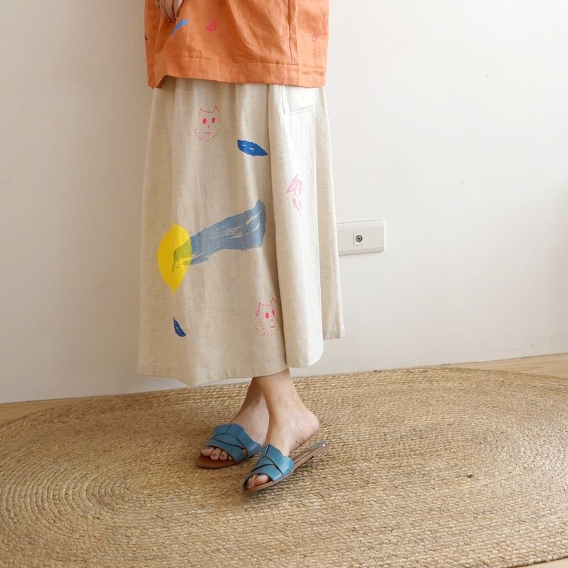 Hand-printed comfortable off-white Linen puppy, wave, star elastic pocket skirt - กระโปรง - ผ้าฝ้าย/ผ้าลินิน ขาว