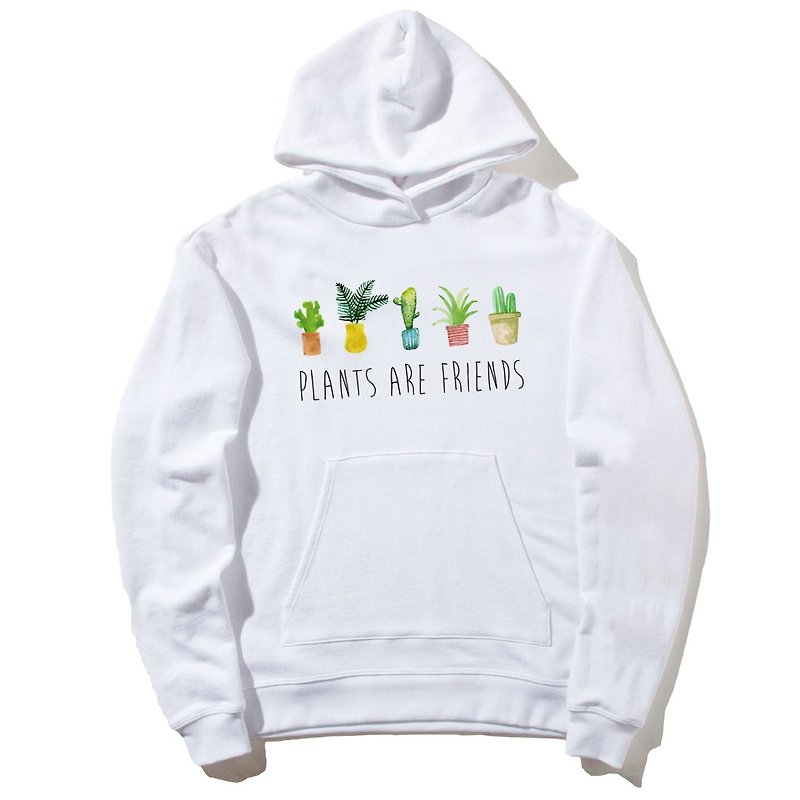 PLANTS ARE FRIENDS #2 Front picture long-sleeved bristles hooded T neutral white plants are our friends, succulent potted plants, fresh and healing creative planting art - เสื้อฮู้ด - ผ้าฝ้าย/ผ้าลินิน ขาว