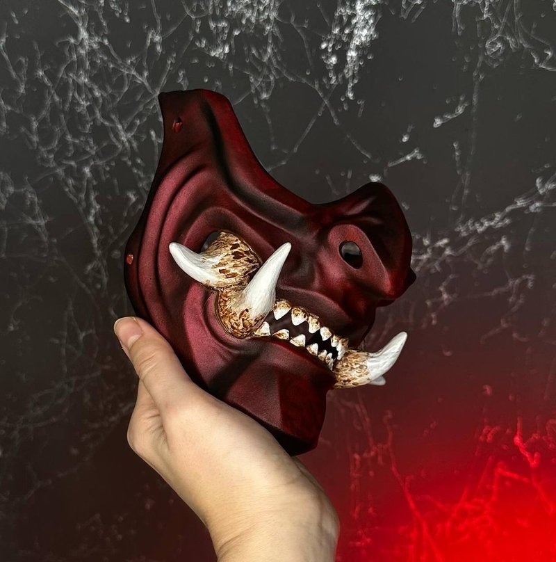 Oni Half mask Red Metallic, Samurai Mempo Mask Japanese Mask, Ninja cosplay mask - 口罩/口罩收納套 - 樹脂 紅色