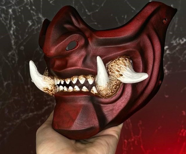 鬼のハーフマスク 赤メタリック 侍の面頬マスク 日本の仮面 忍者
