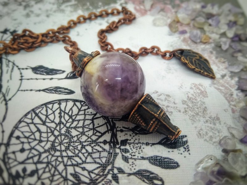 Small amethyst pendulum necklace / Dowsing and divination spherical pendulum - Necklaces - Gemstone Purple