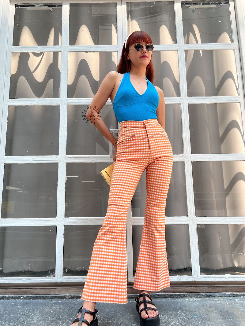 Aprilpoolday / PERFECT FIT BELL BOTTOM JEANS / Orange Gingham - Women's Pants - Other Materials Orange